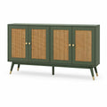 Aparador Retangular de 4 Portas em MDF com Palhinha de Rotim Verde-Escuro 160 x 40 x 80 cm
