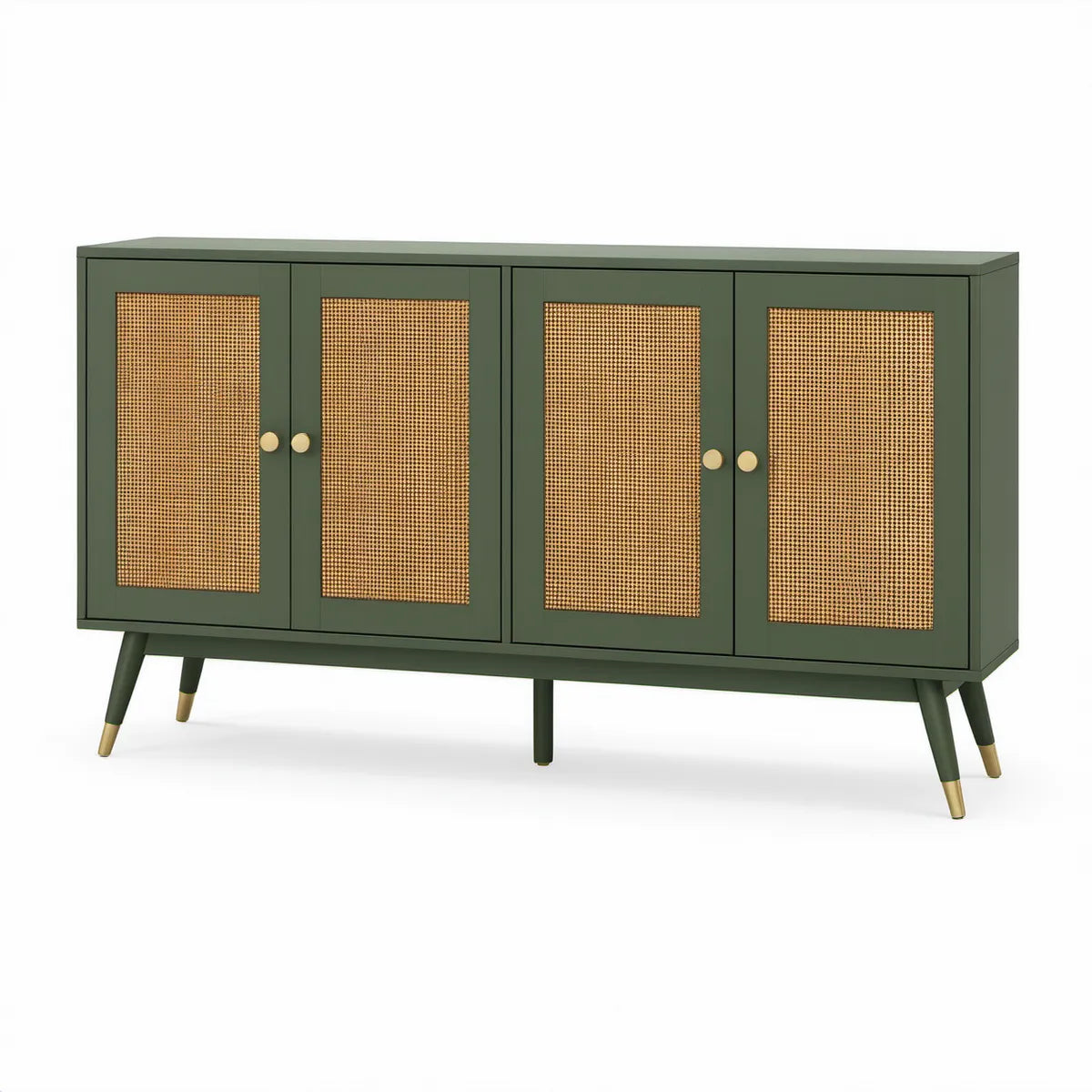 Aparador Retangular de 4 Portas em MDF com Palhinha de Rotim Verde-Escuro 160 x 40 x 80 cm