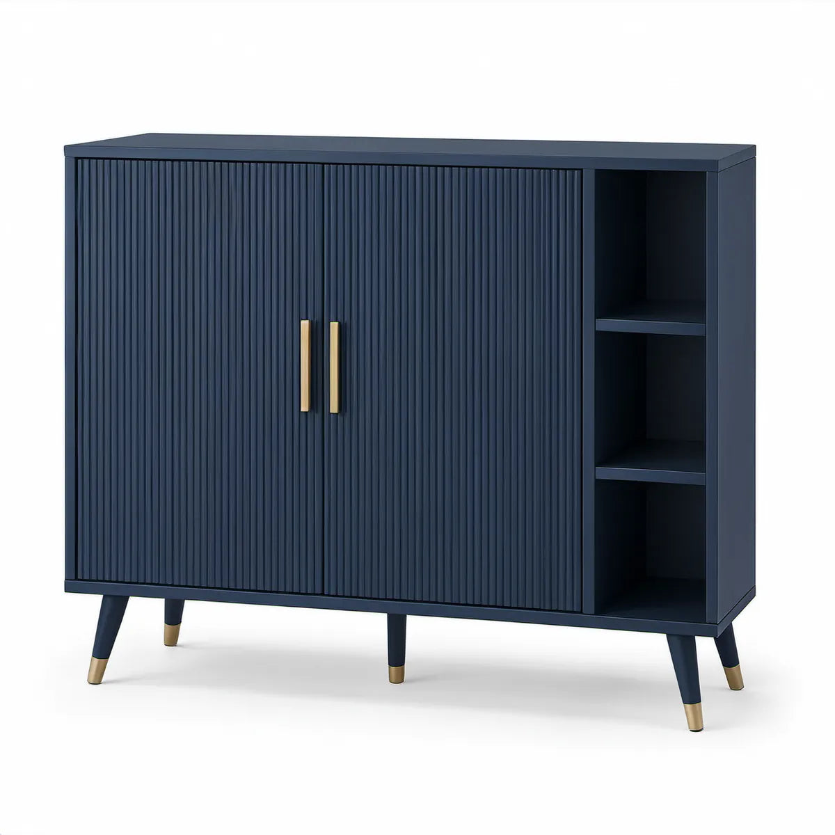 Aparador Alto Retangular em MDF Azul-Escuro e Dourado com 2 Portas e Nichos, 120 x 40 x 105 cm