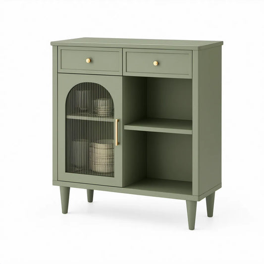 Aparador Retangular em MDF Verde-sálvia com Vidro Canelado Fumado, 80 x 40 x 100 cm