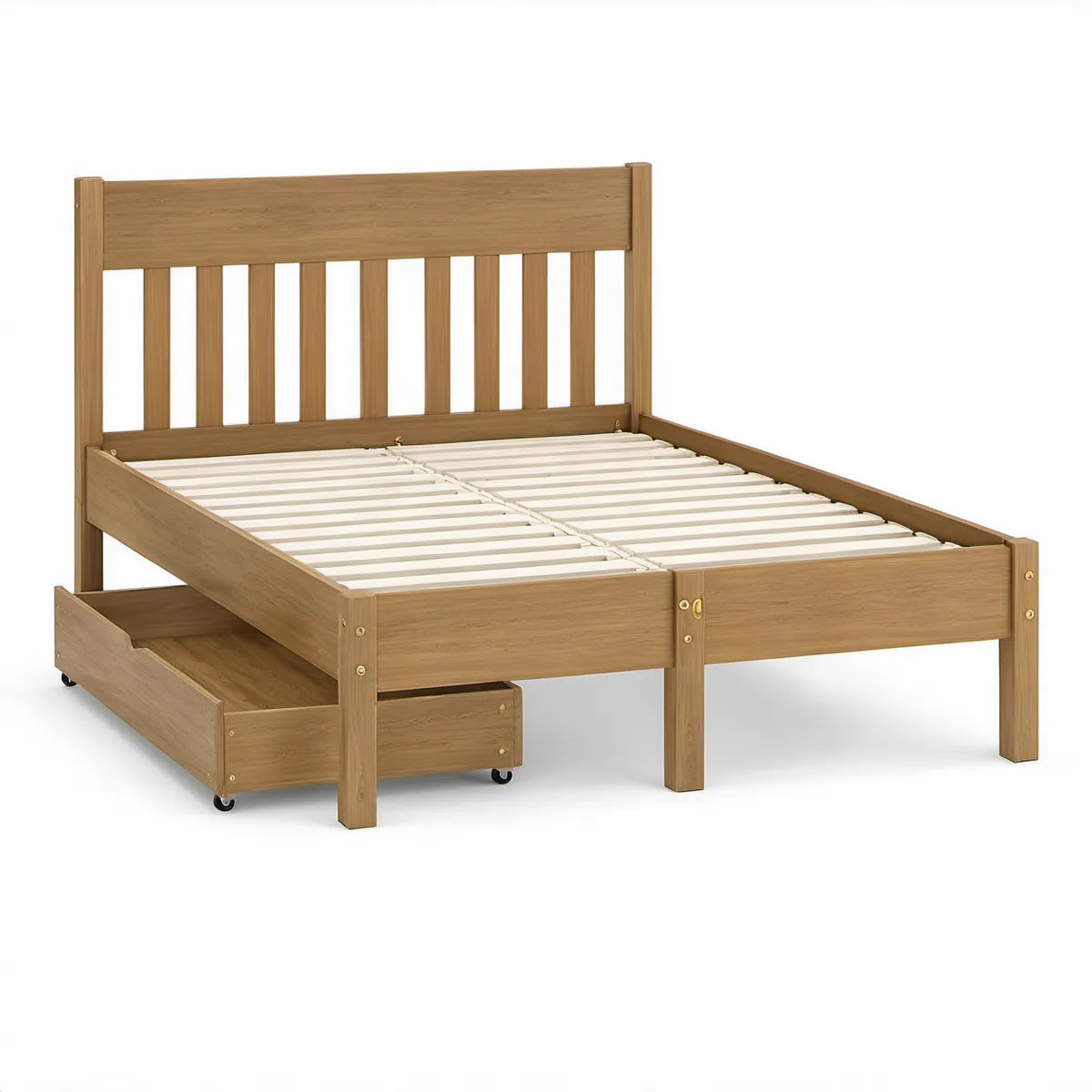 Cama de Casal em Madeira Maciça de Pinho Castanho-claro com 2 Gavetas, 140 x 200 cm