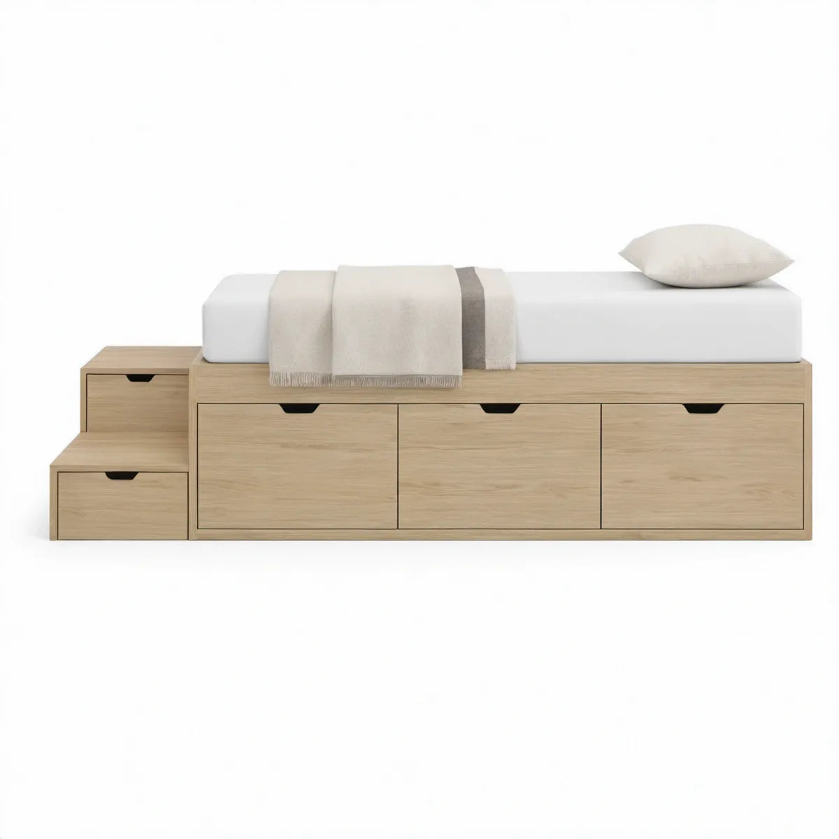 Cama Individual com Arrumação e Degraus em Carvalho Claro, 220 x 104 x 50 cm, para Colchão 200 x 90 cm