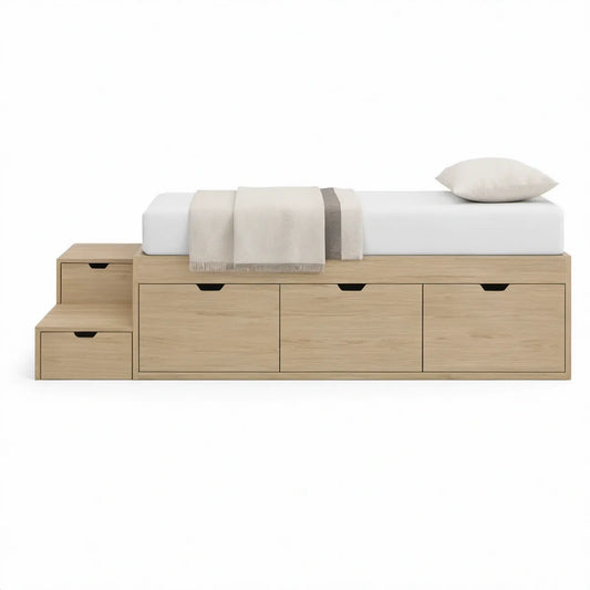 Cama Individual com Arrumação e Degraus em Carvalho Claro, 220 x 104 x 50 cm, para Colchão 200 x 90 cm