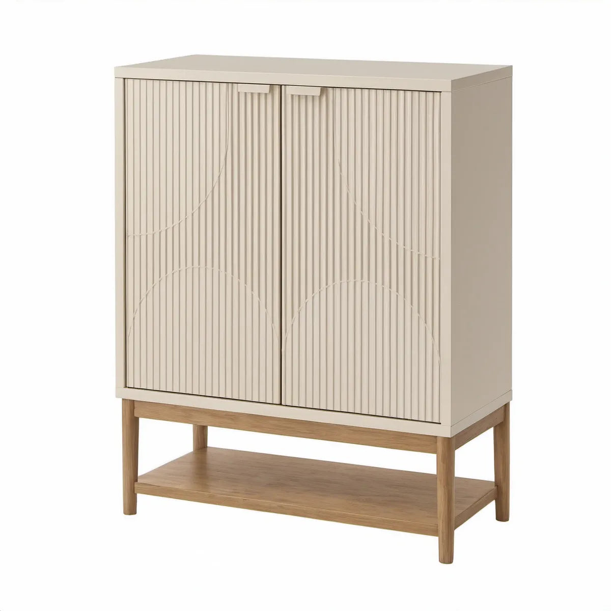 Aparador Alto de 2 Portas 80 x 40 x 120 cm em MDF e Madeira Maciça Bege-claro e Natural