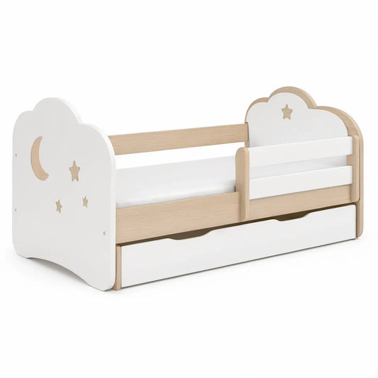 Cama Infantil com Gaveta 140 x 70 cm em Branco e Faia Natural