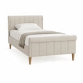 Cama Individual Estofada Bege 90 x 190 cm com Pés Castanhos, 207 x 103 x 120 cm