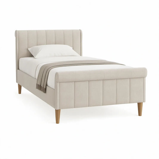 Cama Individual Estofada Bege 90 x 190 cm com Pés Castanhos, 207 x 103 x 120 cm