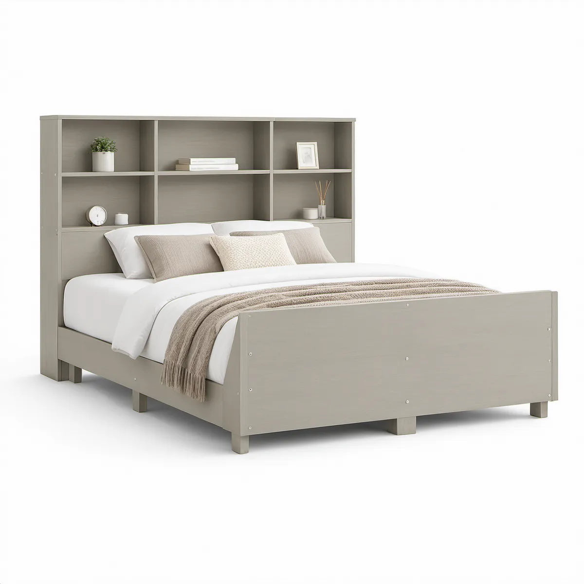 Cama de Casal 160 x 200 cm com Cabeceira de Arrumação, MDF e Aglomerado Cinzento-Taupe