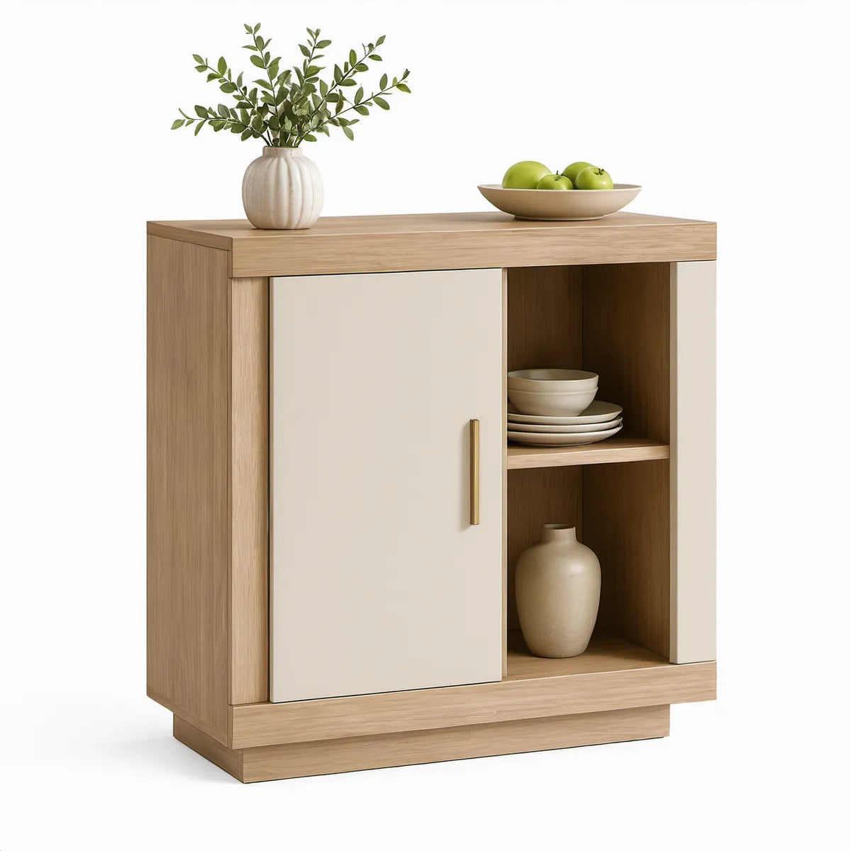 Aparador com 2 Portas e Prateleira Fixa em MDF Carvalho-Claro e Bege, 80 x 40 x 100 cm
