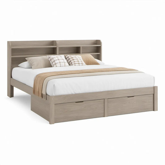 Cama de Casal com Arrumação, Cabeceira com Prateleiras e 2 Gavetas 160 x 200 cm em Carvalho Cinzento