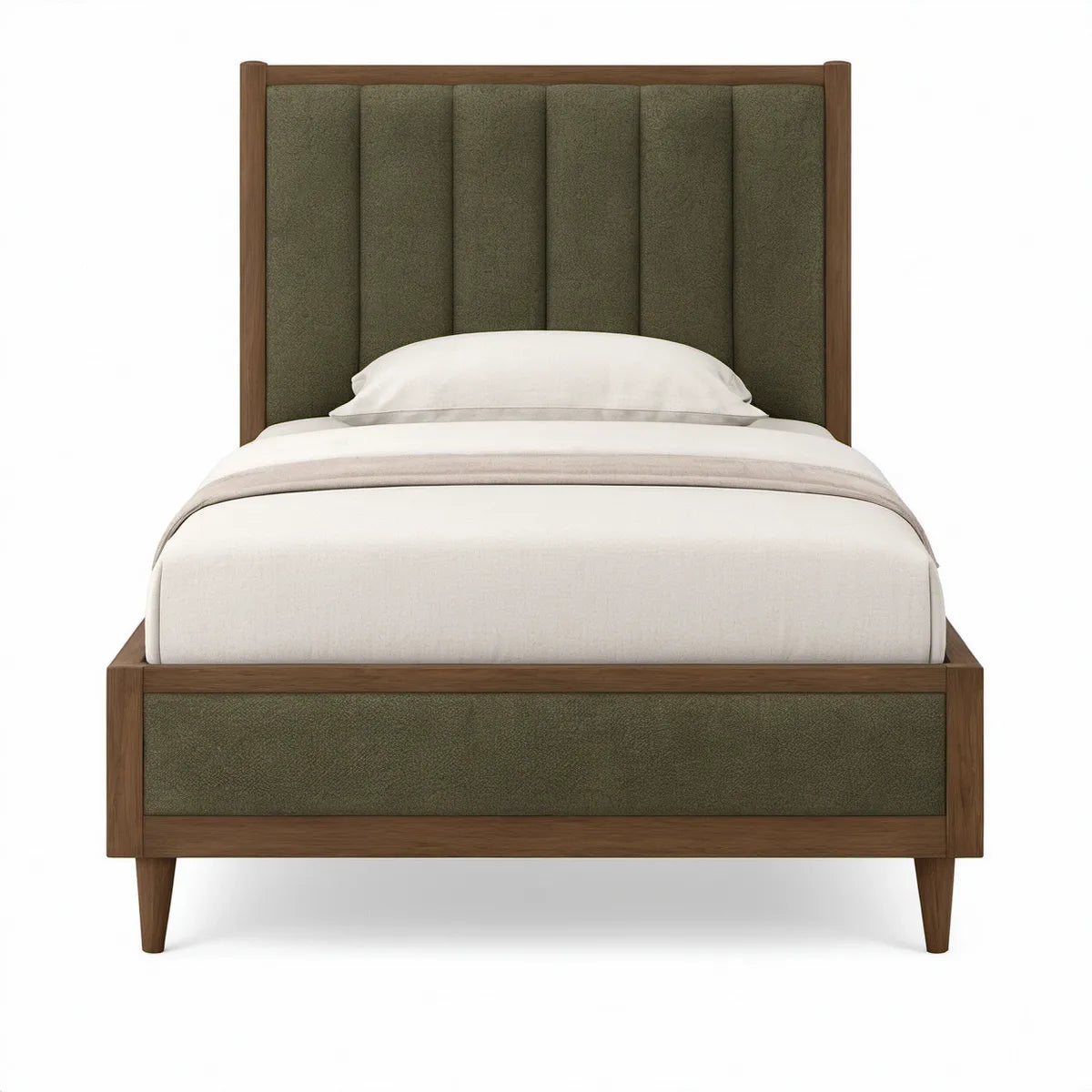 Cama de Casal 140 x 200 cm em MDF Folheado a Nogueira e Poliéster Verde-Azeitona
