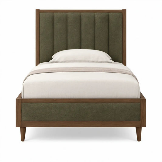 Cama de Casal 140 x 200 cm em MDF Folheado a Nogueira e Poliéster Verde-Azeitona