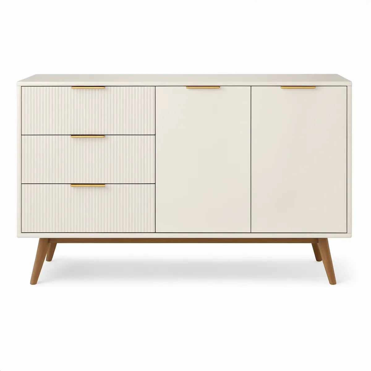Aparador Branco com 3 Gavetas, 2 Portas, Pés Castanhos e Puxadores Dourados 160 x 40 x 90 cm