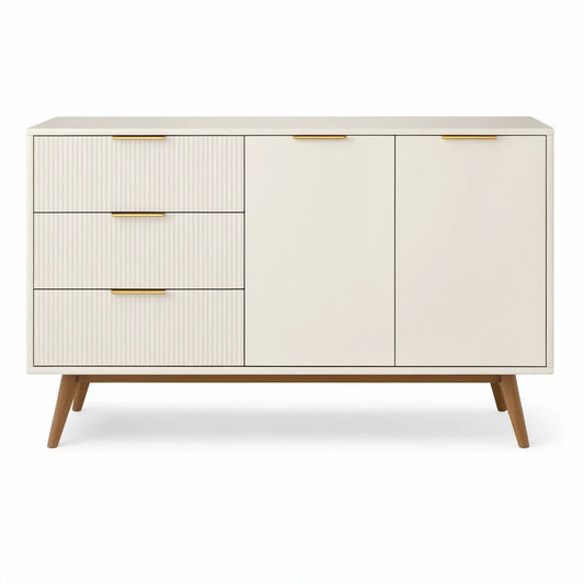 Aparador Branco com 3 Gavetas, 2 Portas, Pés Castanhos e Puxadores Dourados 160 x 40 x 90 cm