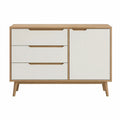 Aparador Retangular com 3 Gavetas e 1 Porta em MDF Branco e Carvalho Natural, 120 x 40 x 85 cm