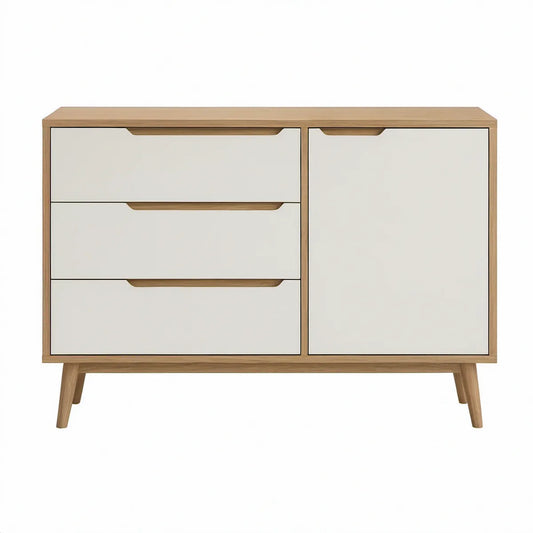 Aparador Retangular com 3 Gavetas e 1 Porta em MDF Branco e Carvalho Natural, 120 x 40 x 85 cm