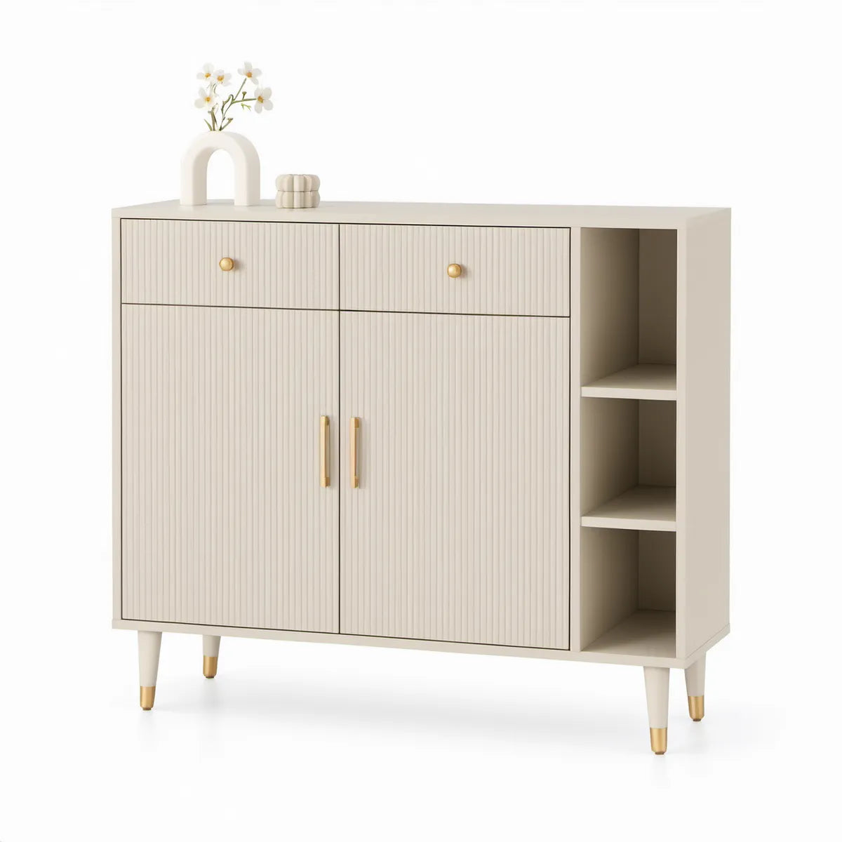 Aparador em MDF Bege com Detalhes Dourados, 2 Portas, 2 Gavetas e Nichos Laterais, 120 x 40 x 90 cm