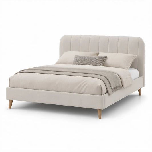 Cama de Casal Estofada Bege para Colchão 160 x 200 cm com Cabeceira Curva