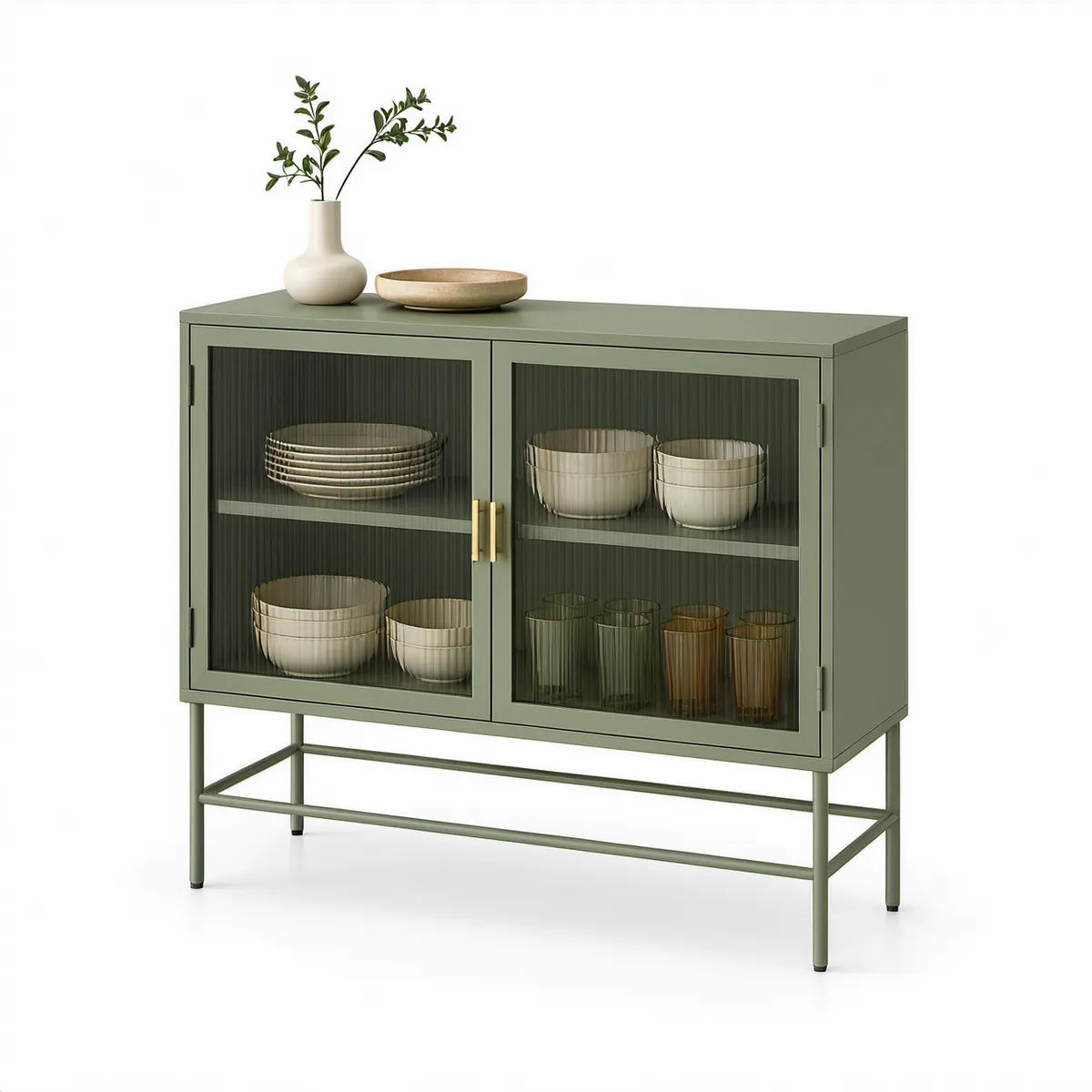 Aparador em Aço Verde-Sálvia com 2 Portas de Vidro Canelado, 120 x 40 x 90 cm